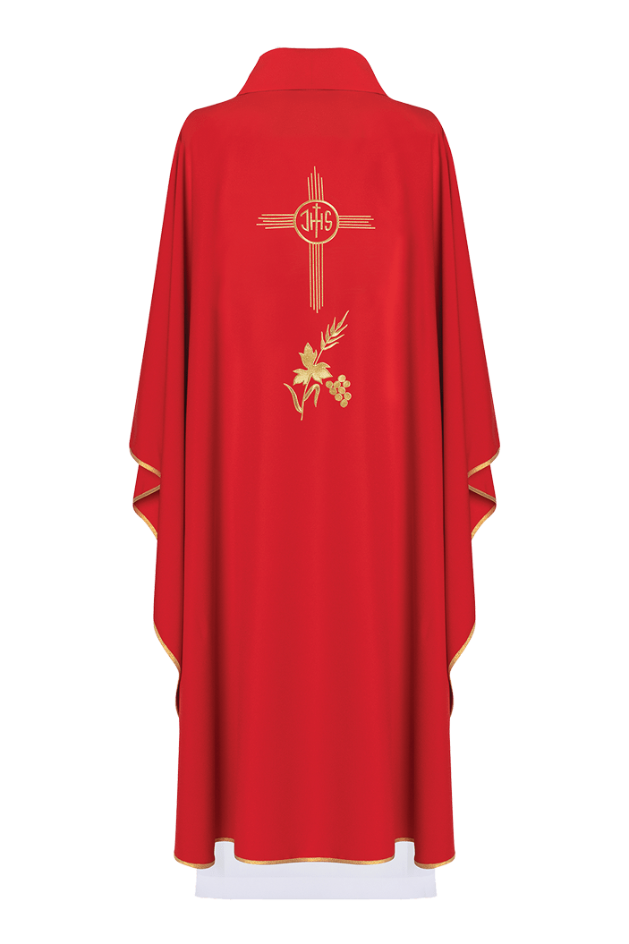 Chasuble rouge brodée d'un motif IHS KOR/003/02/12 CZERWONY - CHASUBLES.FR