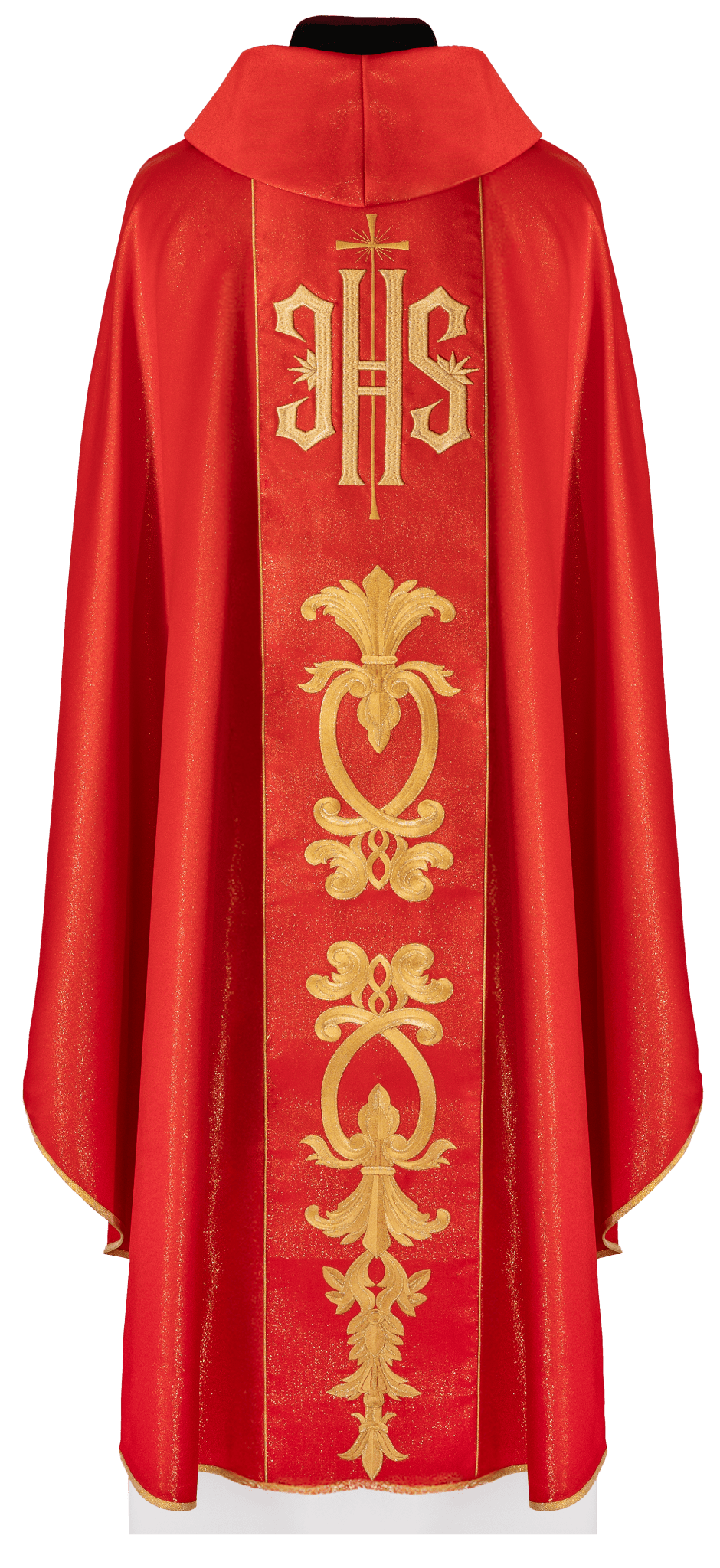 Chasuble rouge richement décorée avec motif doré et large bande brodée IHS KDT/7001/02/54 CZERWONY - CHASUBLES.FR