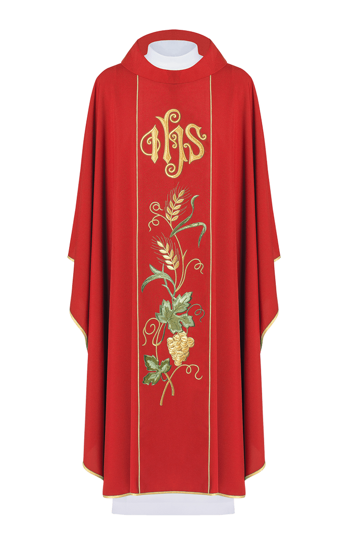 Chasuble rouge sur ceinture avec broderie IHS, oreilles et raisins KOR/117/02/01 CZERWONY - CHASUBLES.FR