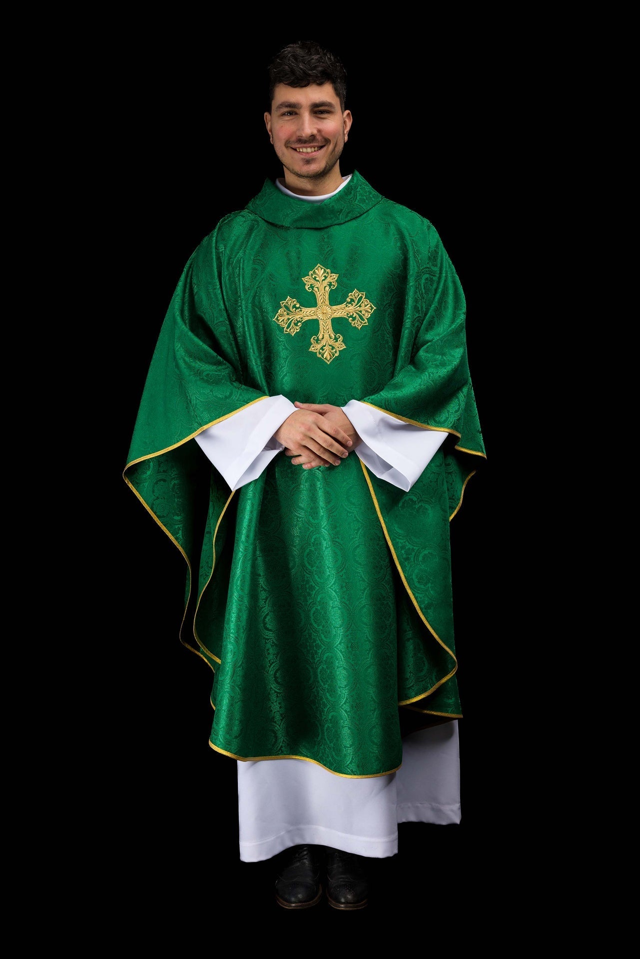 Chasuble verte avec croix tissu jacquard KOR/403/01/11 - CHASUBLES.FR