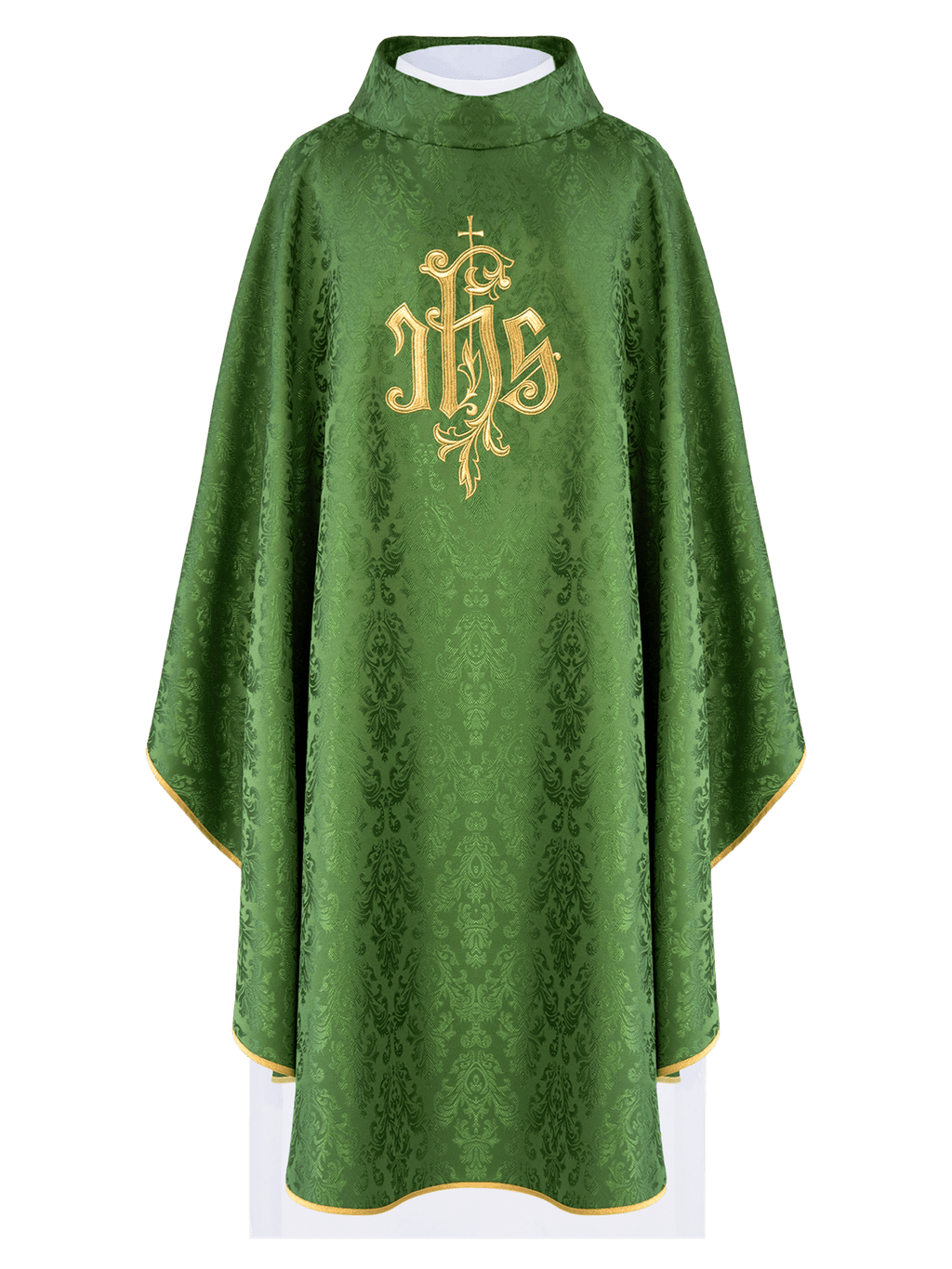 Chasuble verte avec motif IHS brodé sur tissu décoratif LE/7032/01 - CHASUBLES.FR
