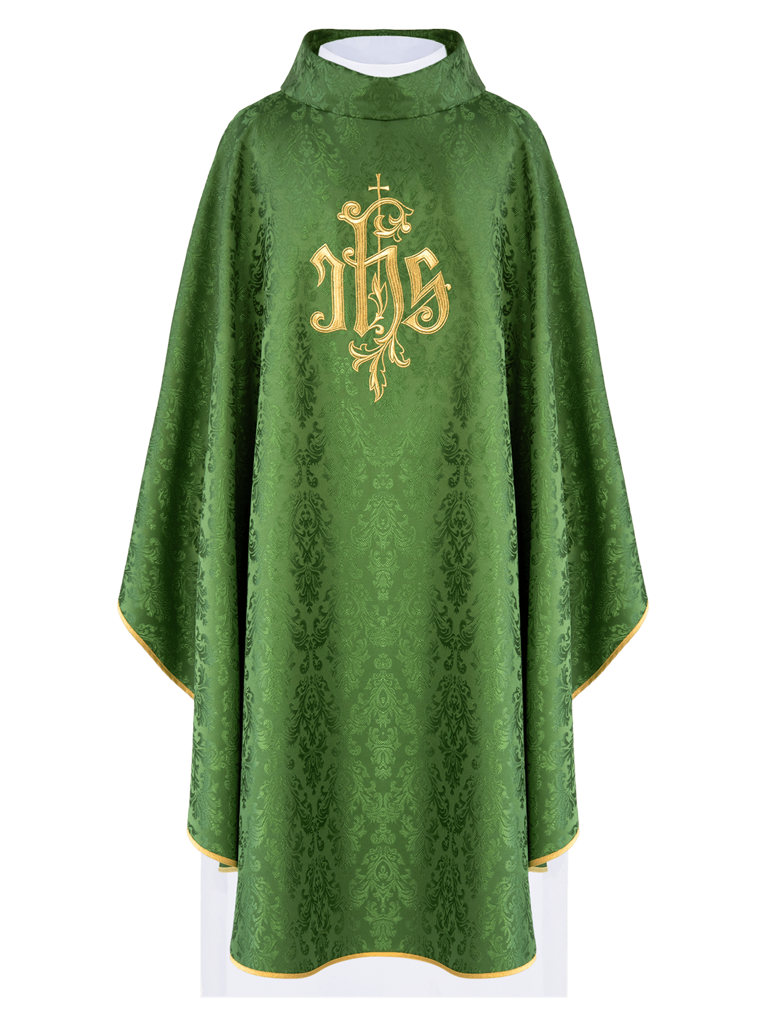 Chasuble verte avec motif IHS brodé sur tissu décoratif LE/7032/01 - CHASUBLES.FR