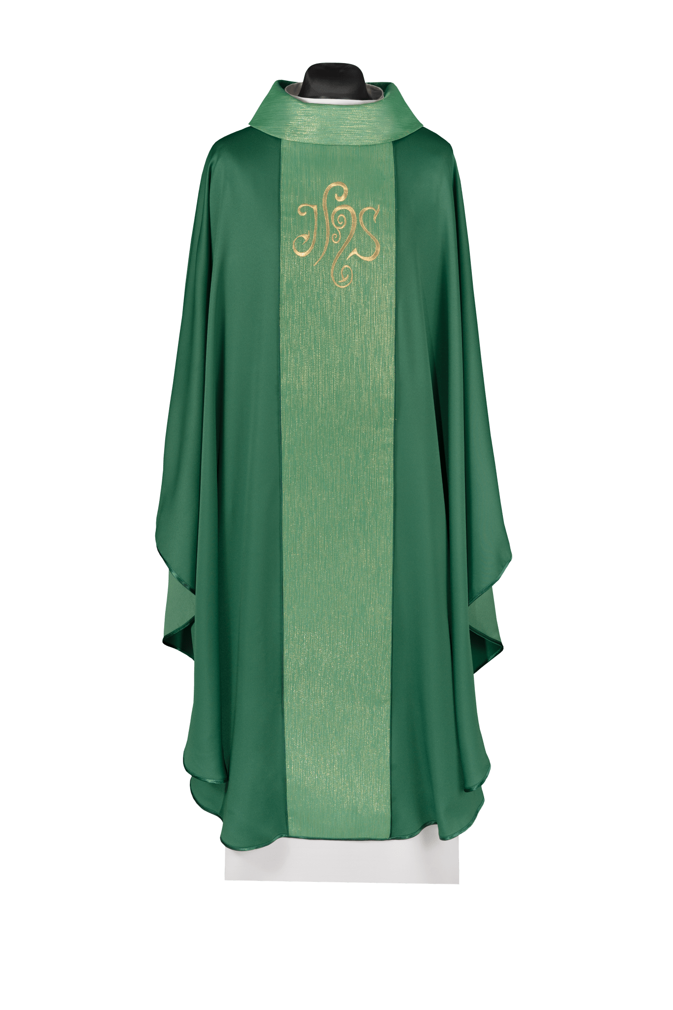 Chasuble verte ornée d’une bande brodée avec le symbole IHS KDT/7015/01/53 - CHASUBLES.FR