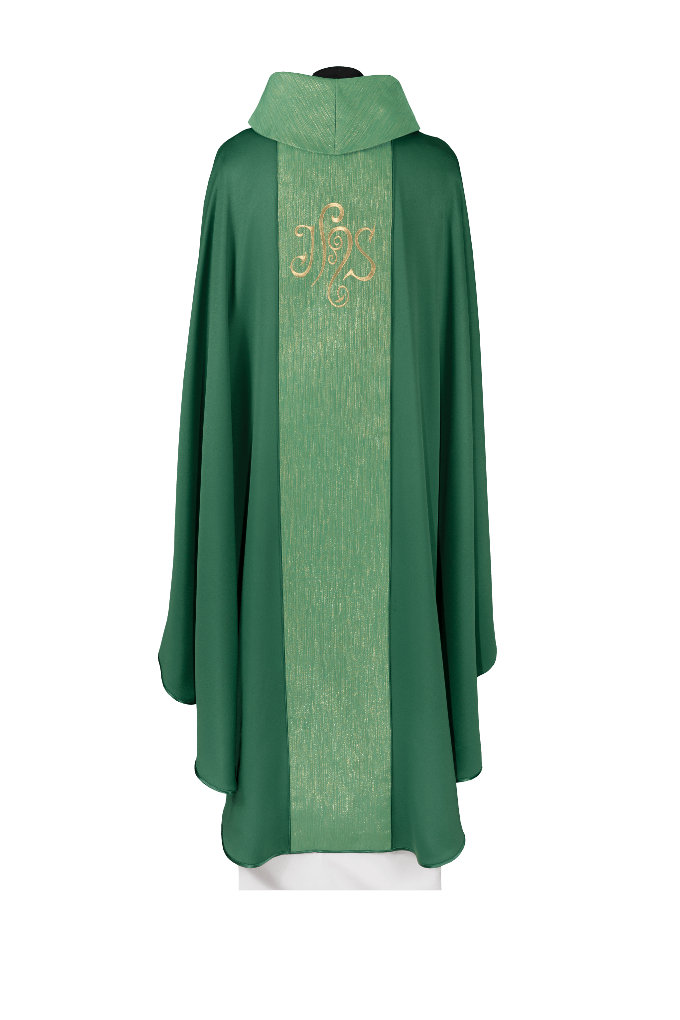 Chasuble verte ornée d’une bande brodée avec le symbole IHS KDT/7015/01/53 - CHASUBLES.FR
