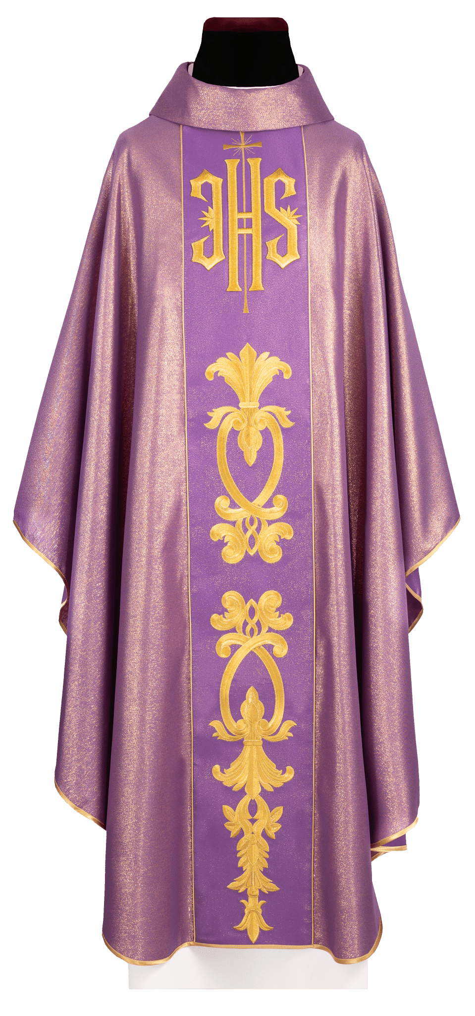 Chasuble violet richement décoré avec un motif doré et une large bande IHS KDT/7001/03/54 FIOLET - CHASUBLES.FR