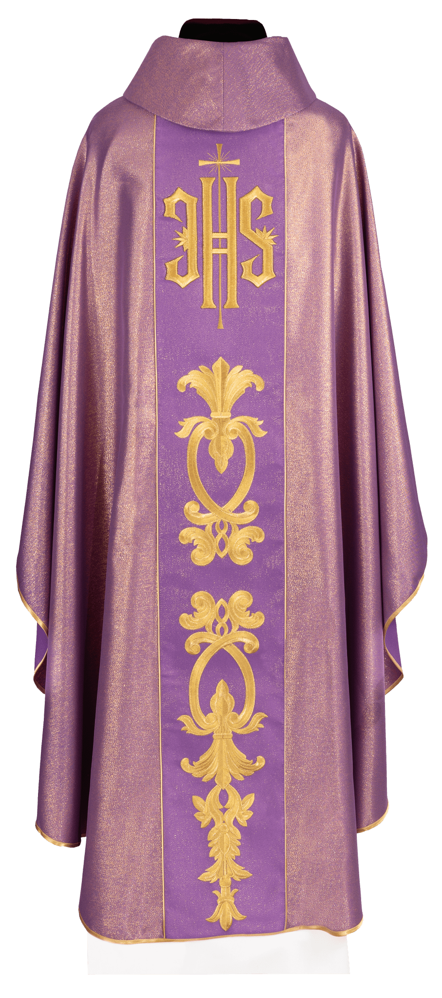 Chasuble violet richement décoré avec un motif doré et une large bande IHS KDT/7001/03/54 FIOLET - CHASUBLES.FR