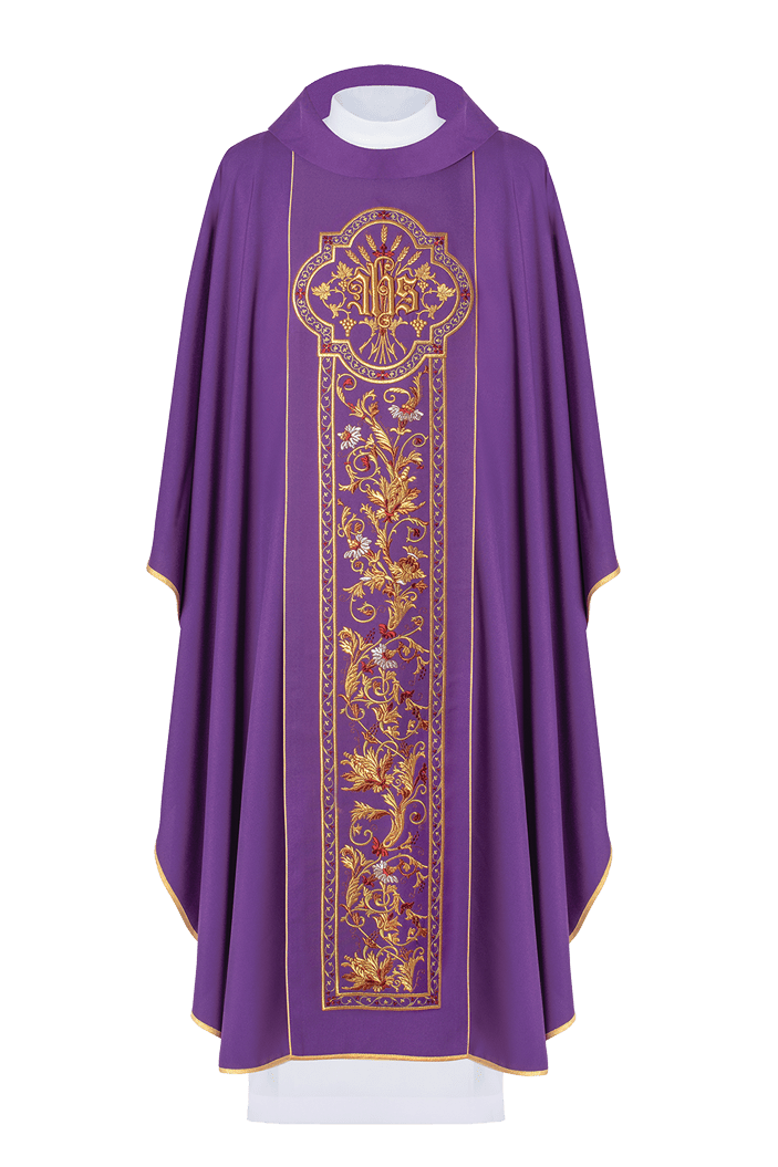 Chasuble violette avec broderie IHS KOR/056/03/01 FIOLET - CHASUBLES.FR