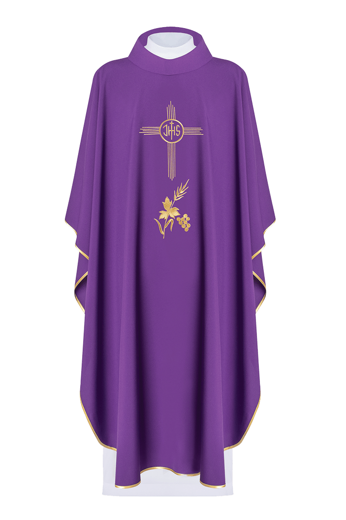 Chasuble violette brodée d'un motif IHS KOR/003/03/12 FIOLET - CHASUBLES.FR