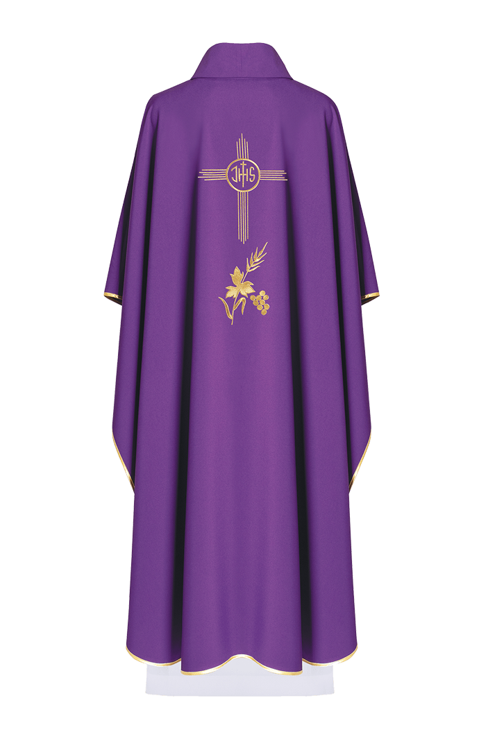 Chasuble violette brodée d'un motif IHS KOR/003/03/12 FIOLET - CHASUBLES.FR