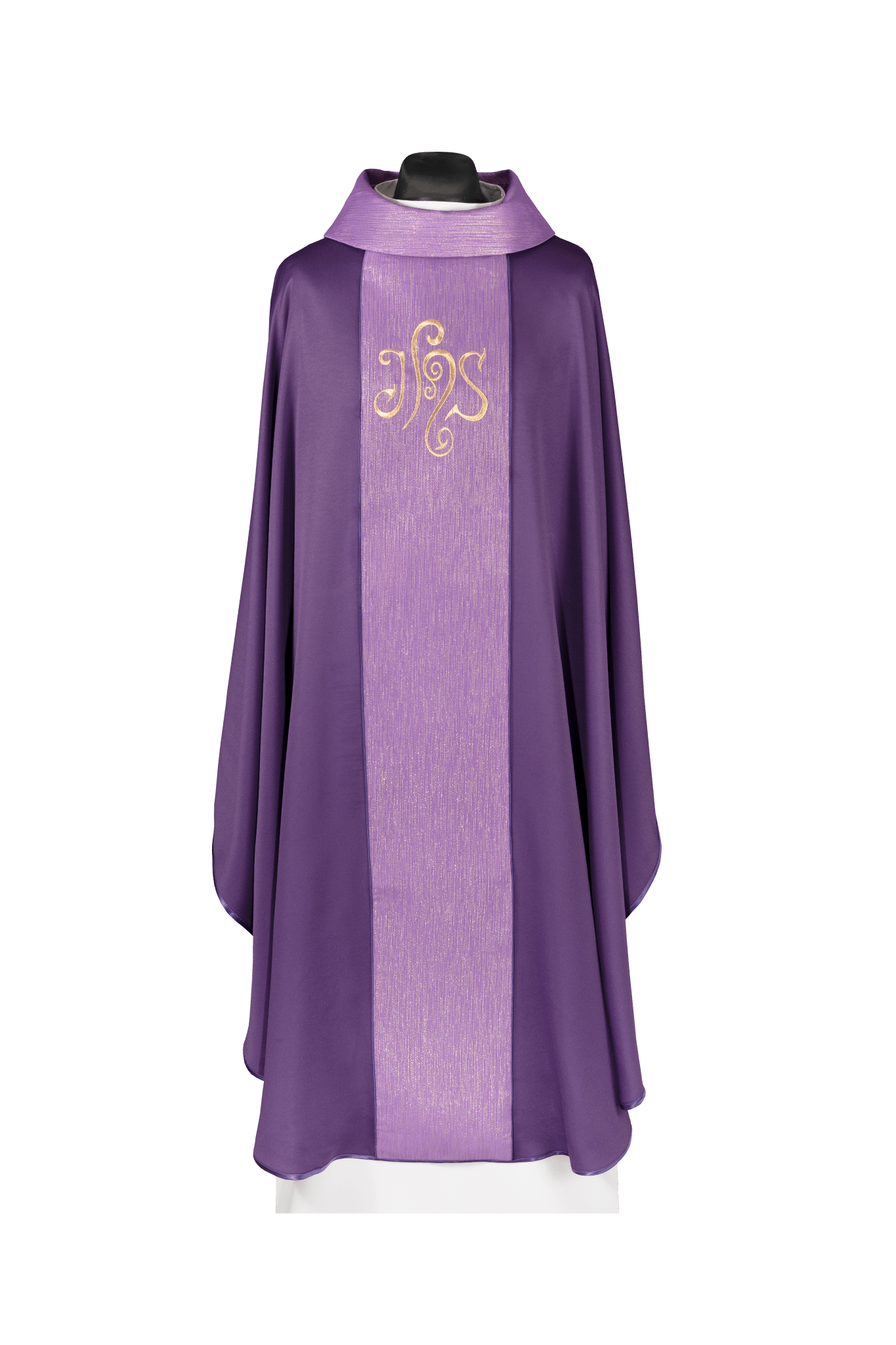 Chasuble violette ornée d’une bande et d’une broderie IHS KDT/7015/03/53 - CHASUBLES.FR