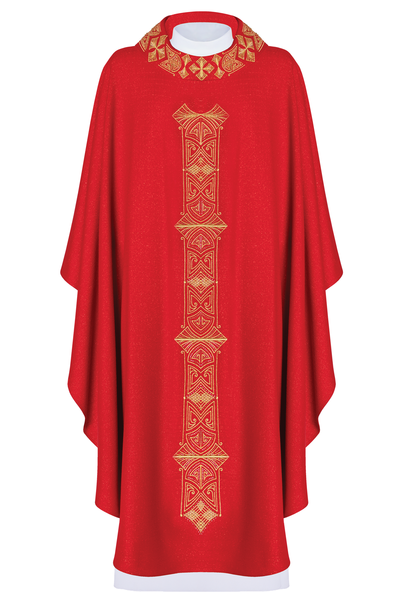 Chasuble rouge richement brodée en papier glacé