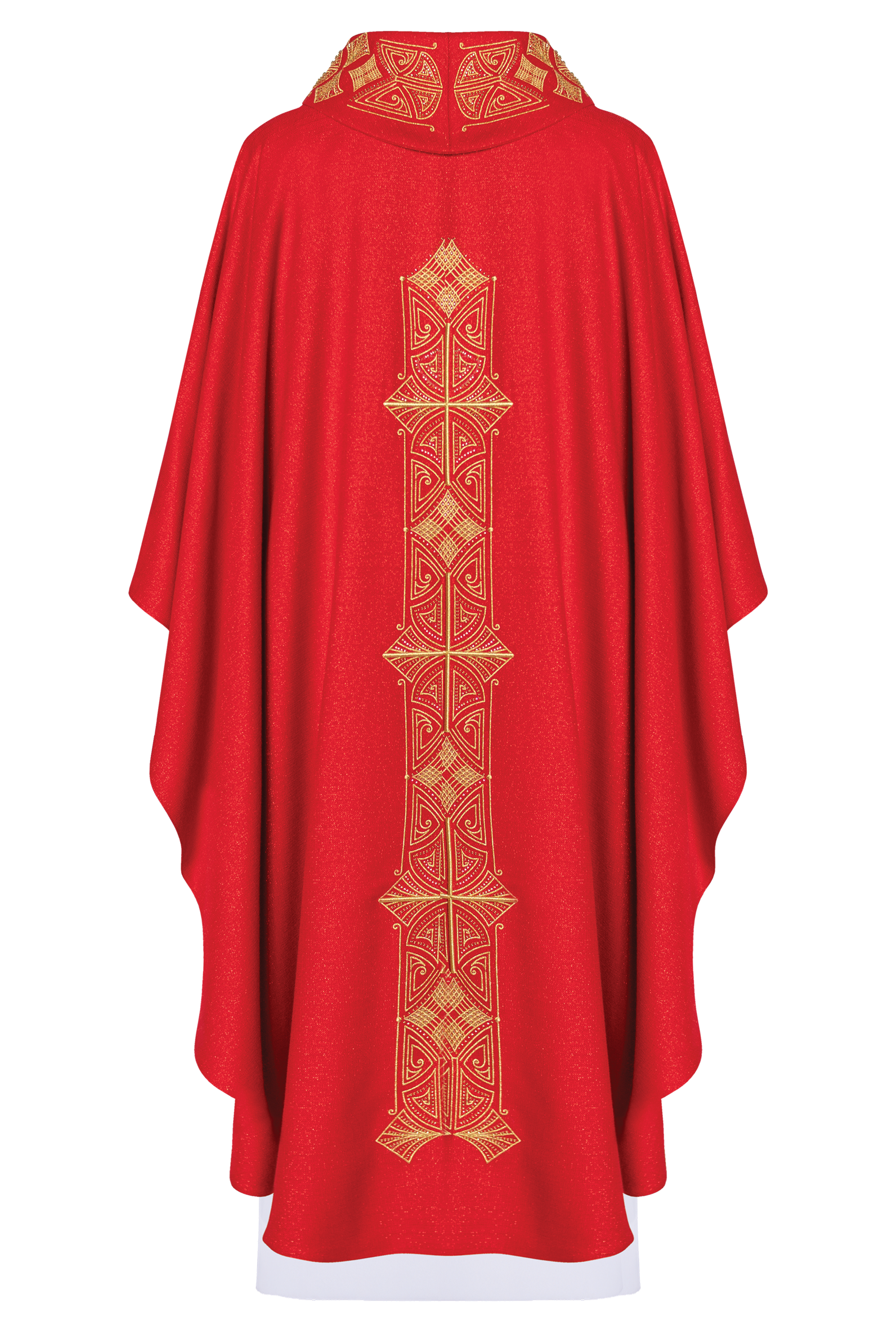 Chasuble rouge richement brodée en papier glacé