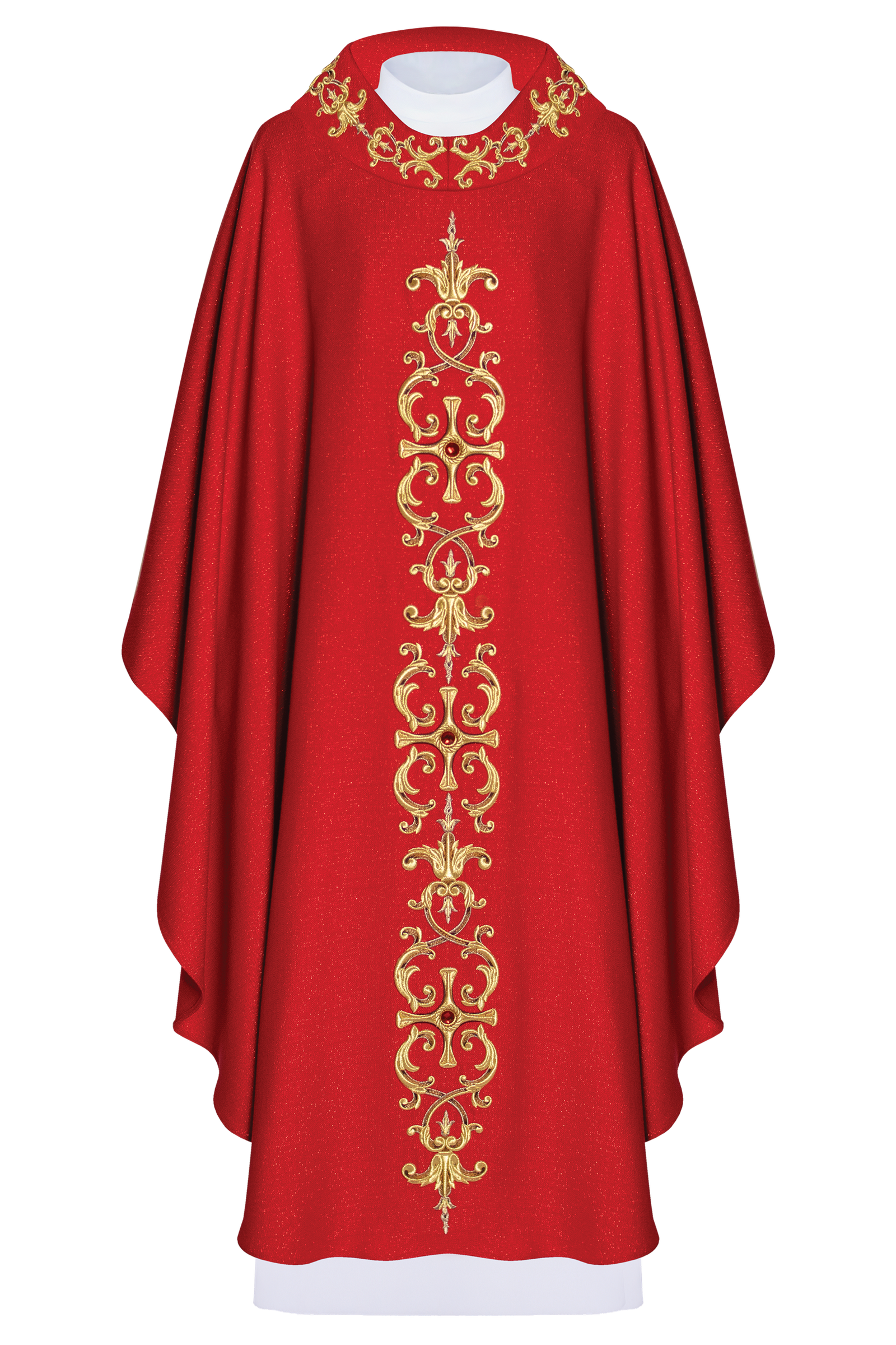 Chasuble rouge richement brodée de pierres