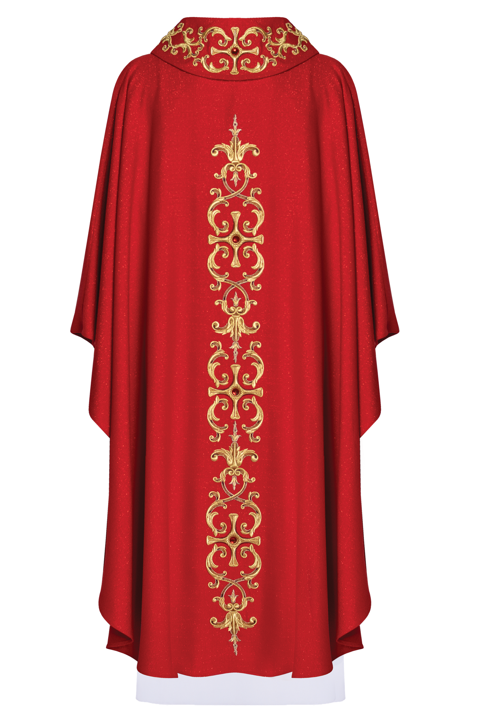 Chasuble rouge richement brodée de pierres