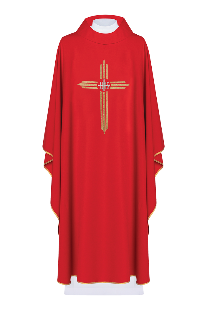 Chasuble rouge brodée de la croix IHS