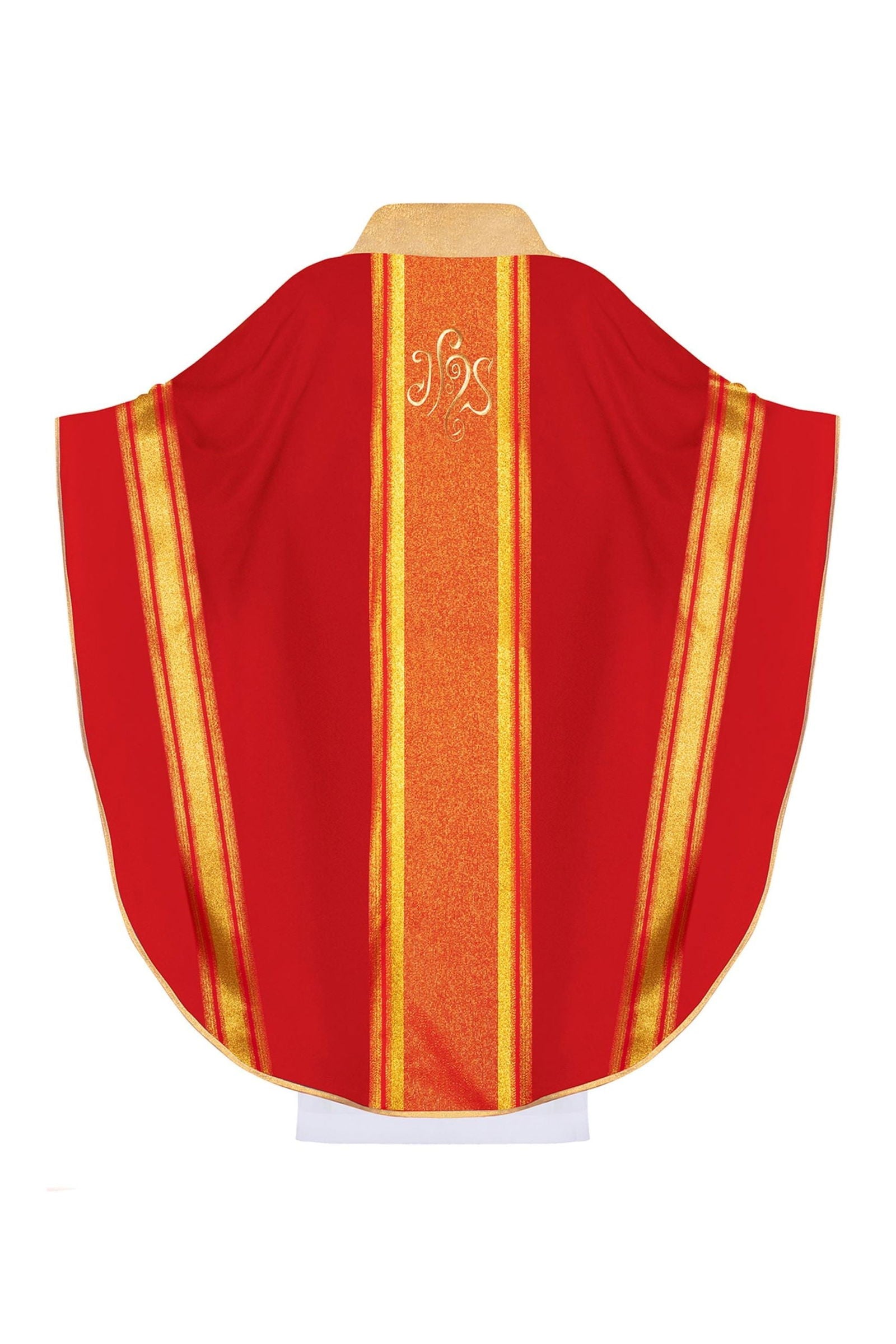 Chasuble brodée rouge avec motif IHS avec dorure