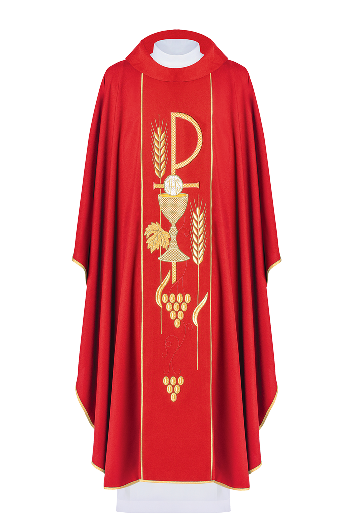 Chasuble rouge brodée du motif du calice de l'IHS