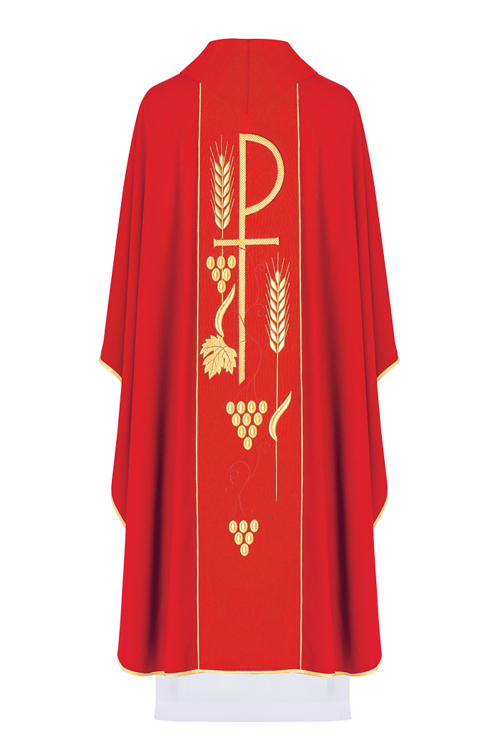 Chasuble rouge brodée du motif du calice de l'IHS