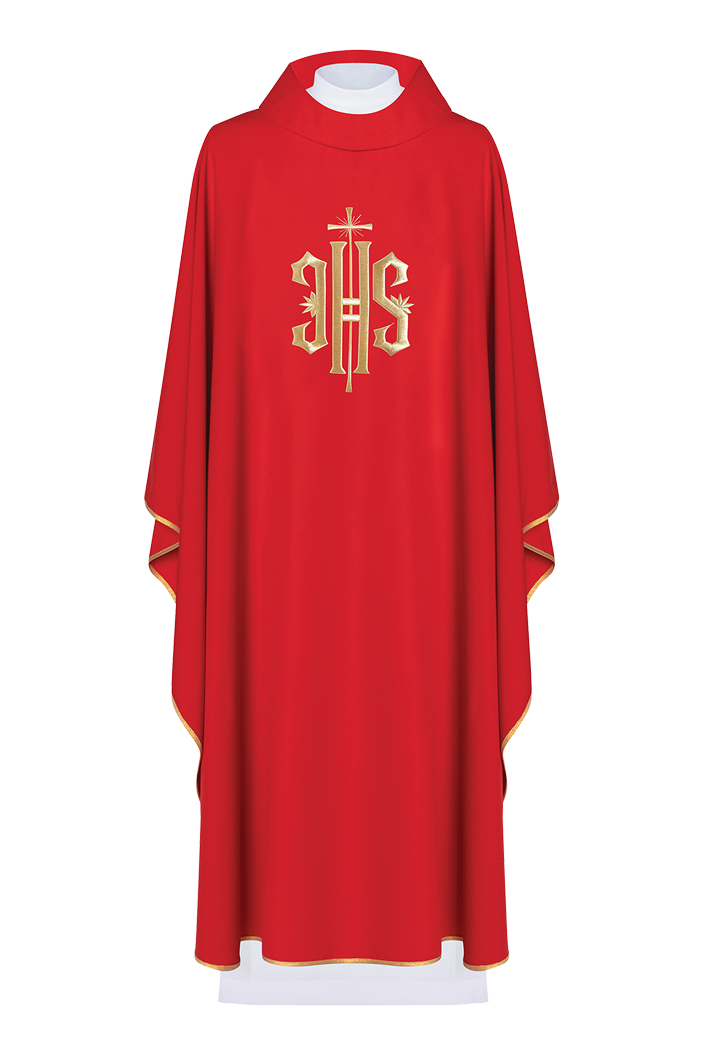 Chasuble rouge brodée d'un motif IHS doré