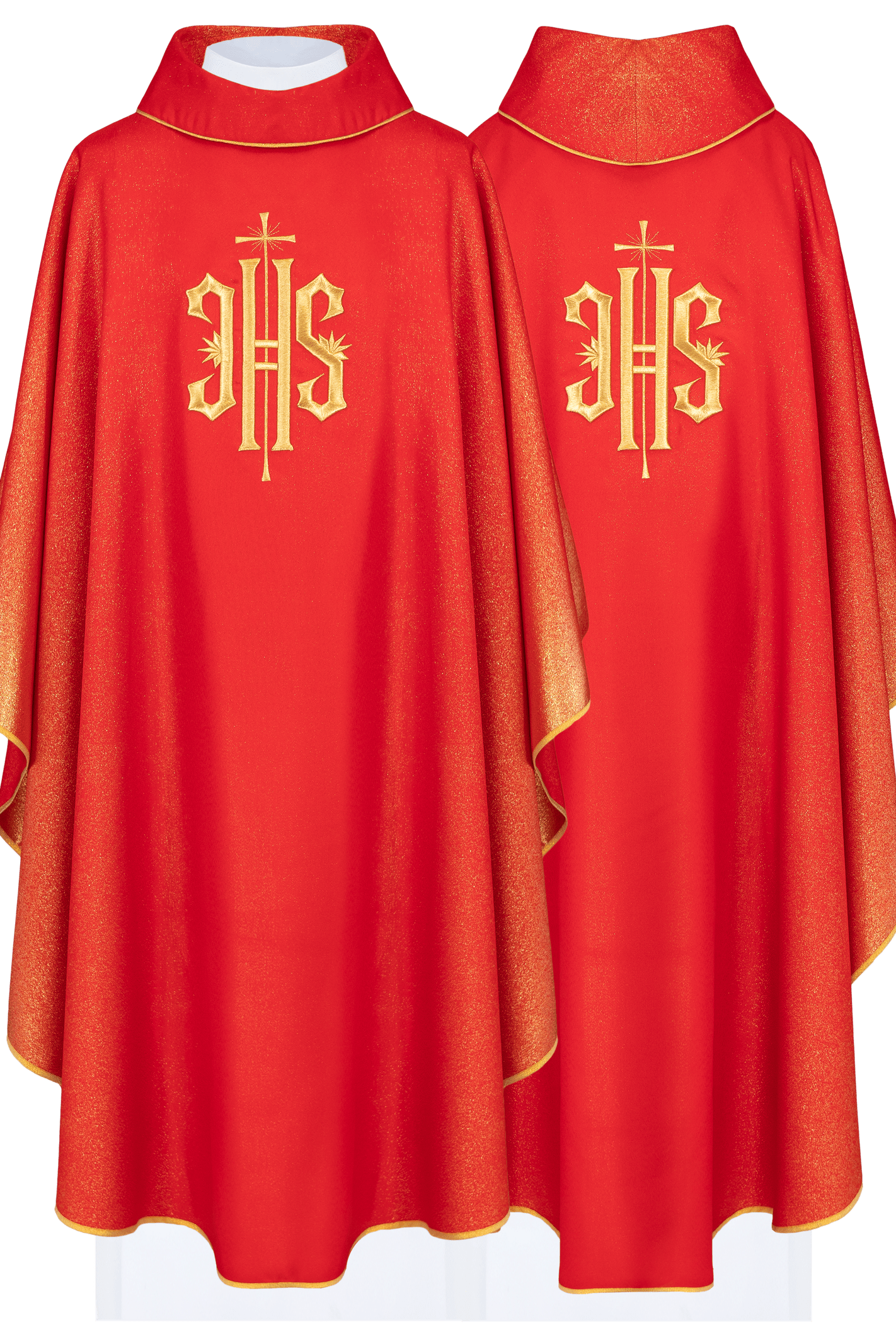 Chasuble rouge brodée d'un motif IHS doré