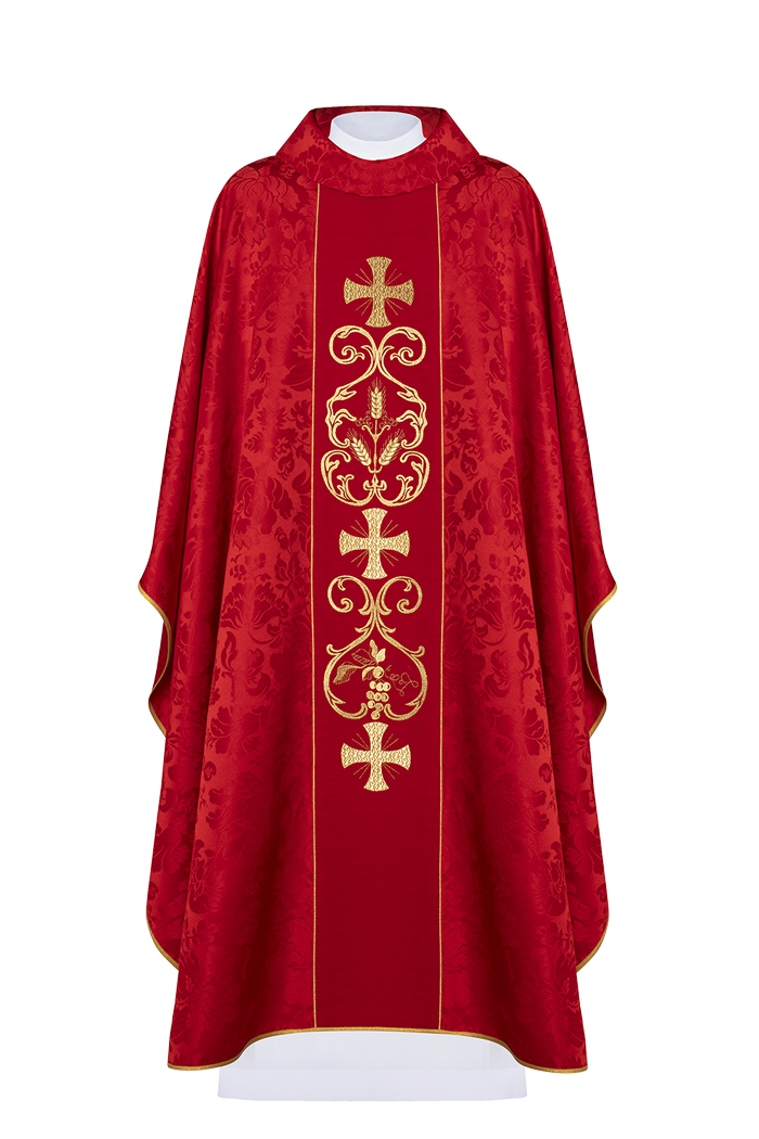 Chasuble liturgique rouge ornée d'une ceinture brodée