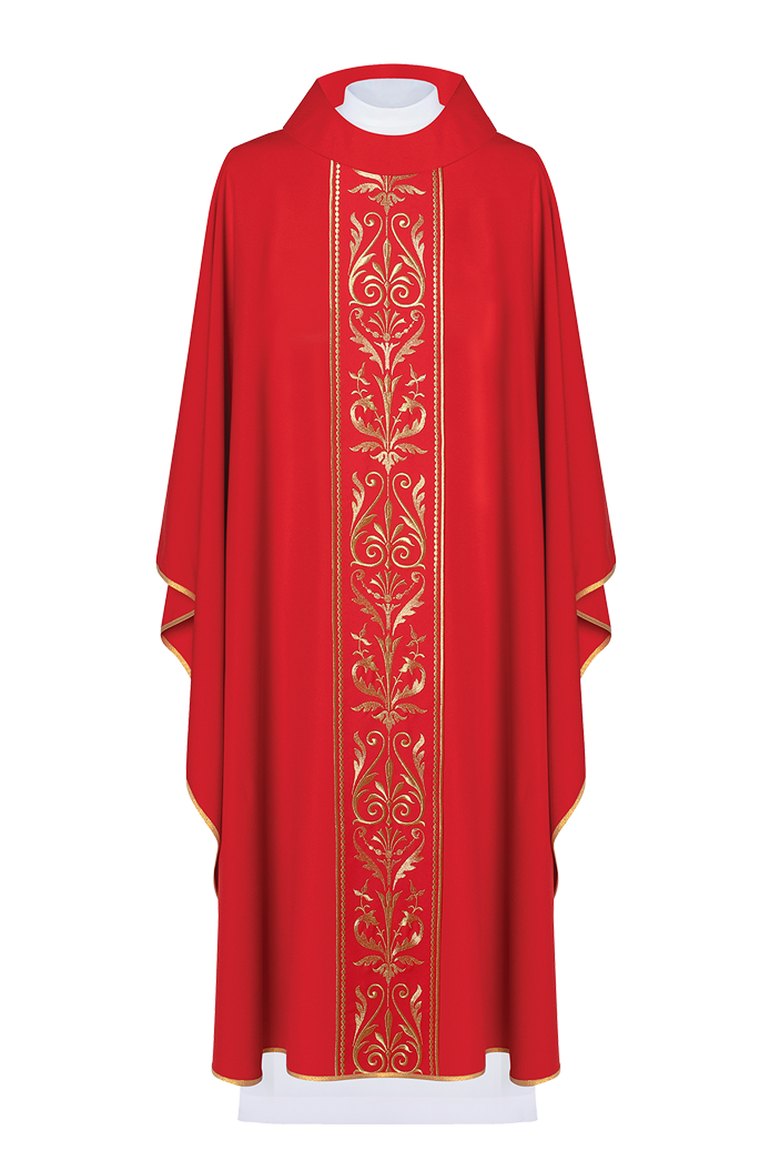 Chasuble liturgique rouge ornée d'une ceinture brodée d'or