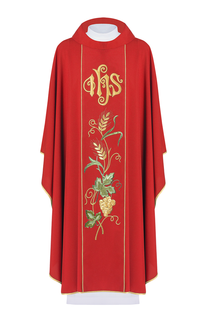 Chasuble rouge sur ceinture avec broderie IHS, oreilles et raisins