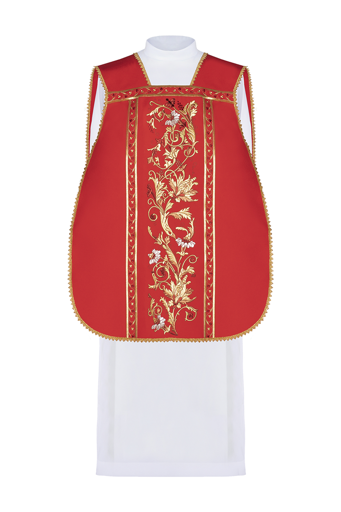 Chasuble romaine rouge brodée d'un motif IHS