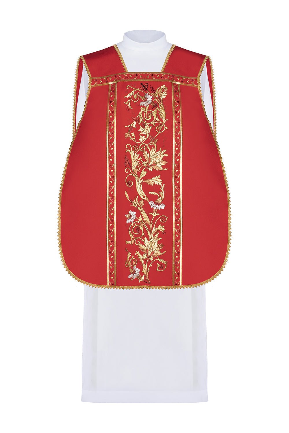 Chasuble romaine rouge brodée d'un motif de calice eucharistique