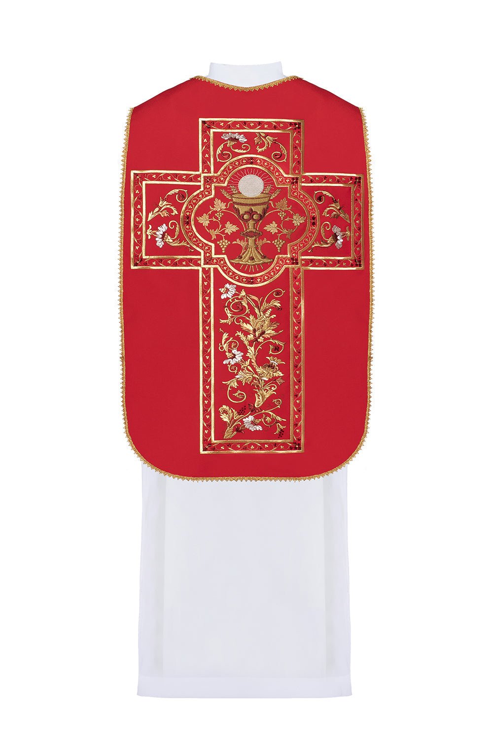 Chasuble romaine rouge brodée d'un motif de calice eucharistique