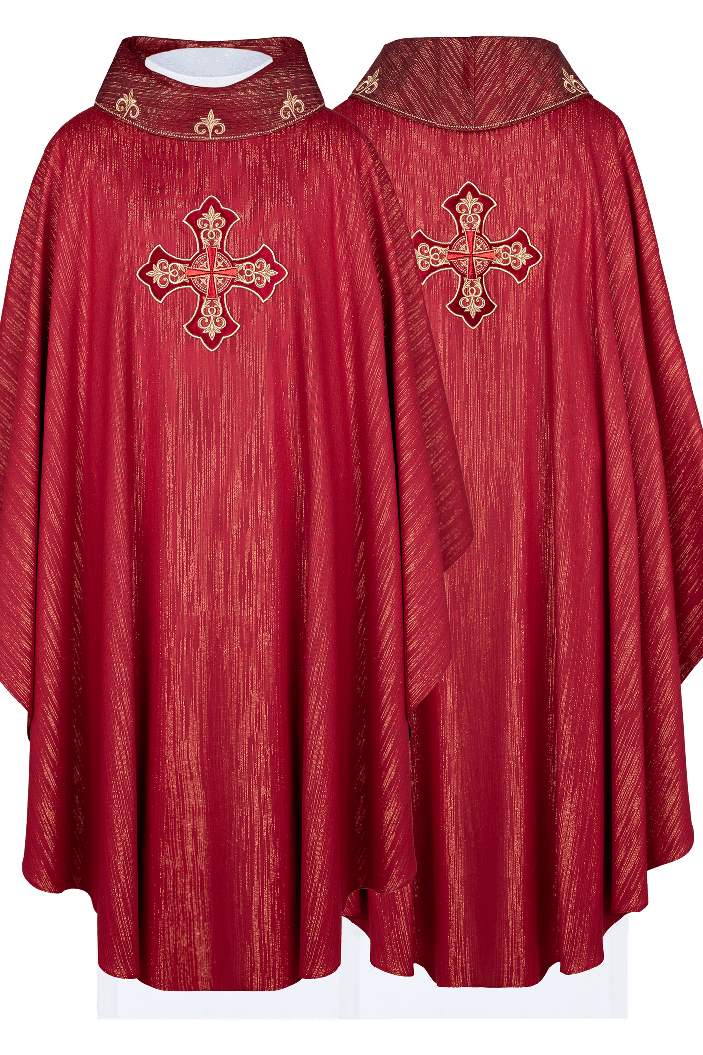 Chasuble rouge avec croix richement brodée et col décoré