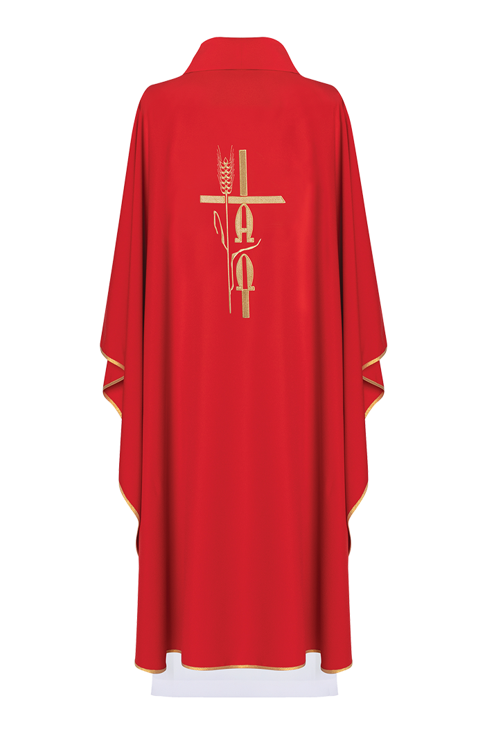 Chasuble rouge avec broderie Alpha Omega