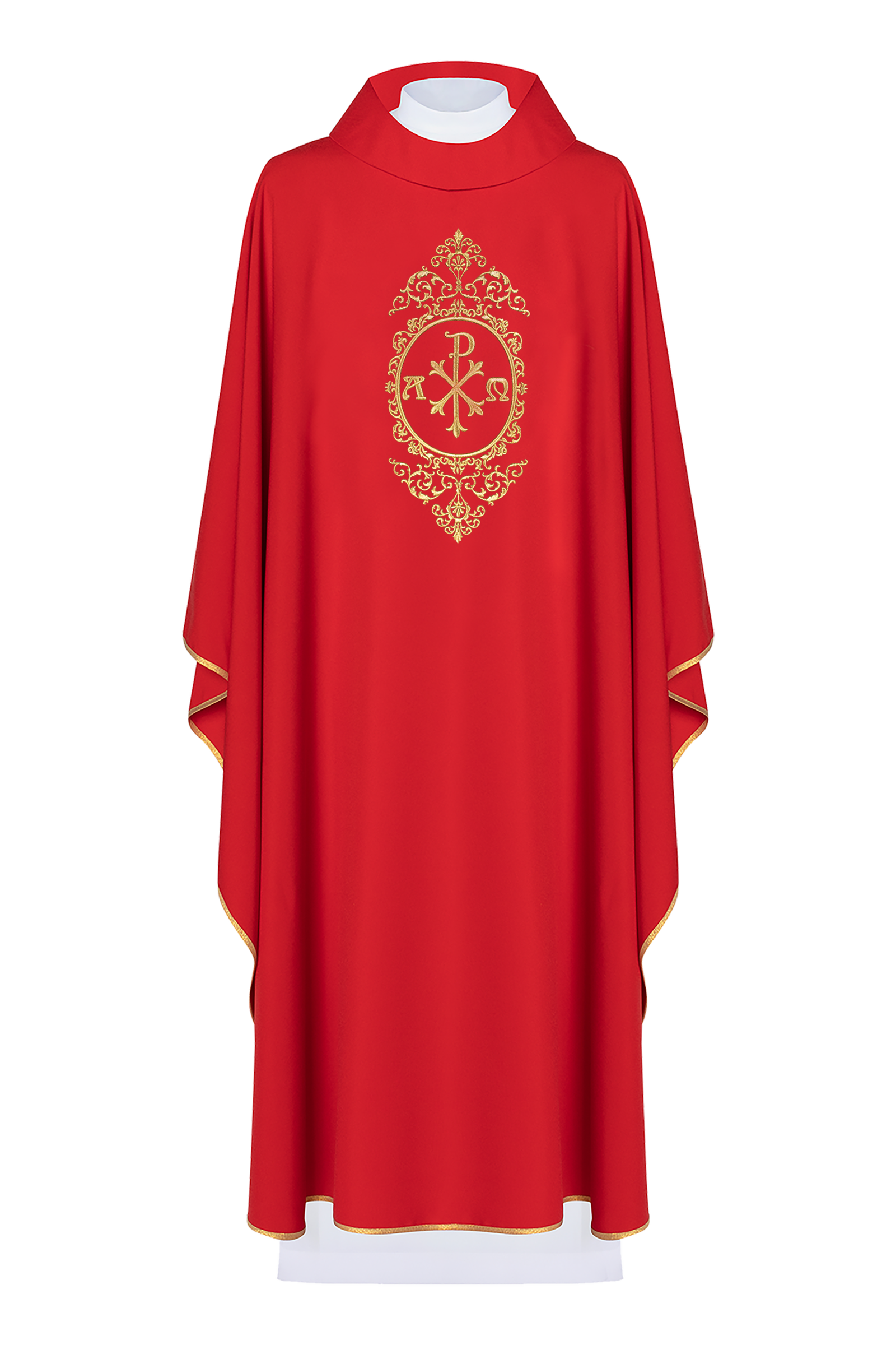 Chasuble rouge avec PAX entouré de broderies dorées