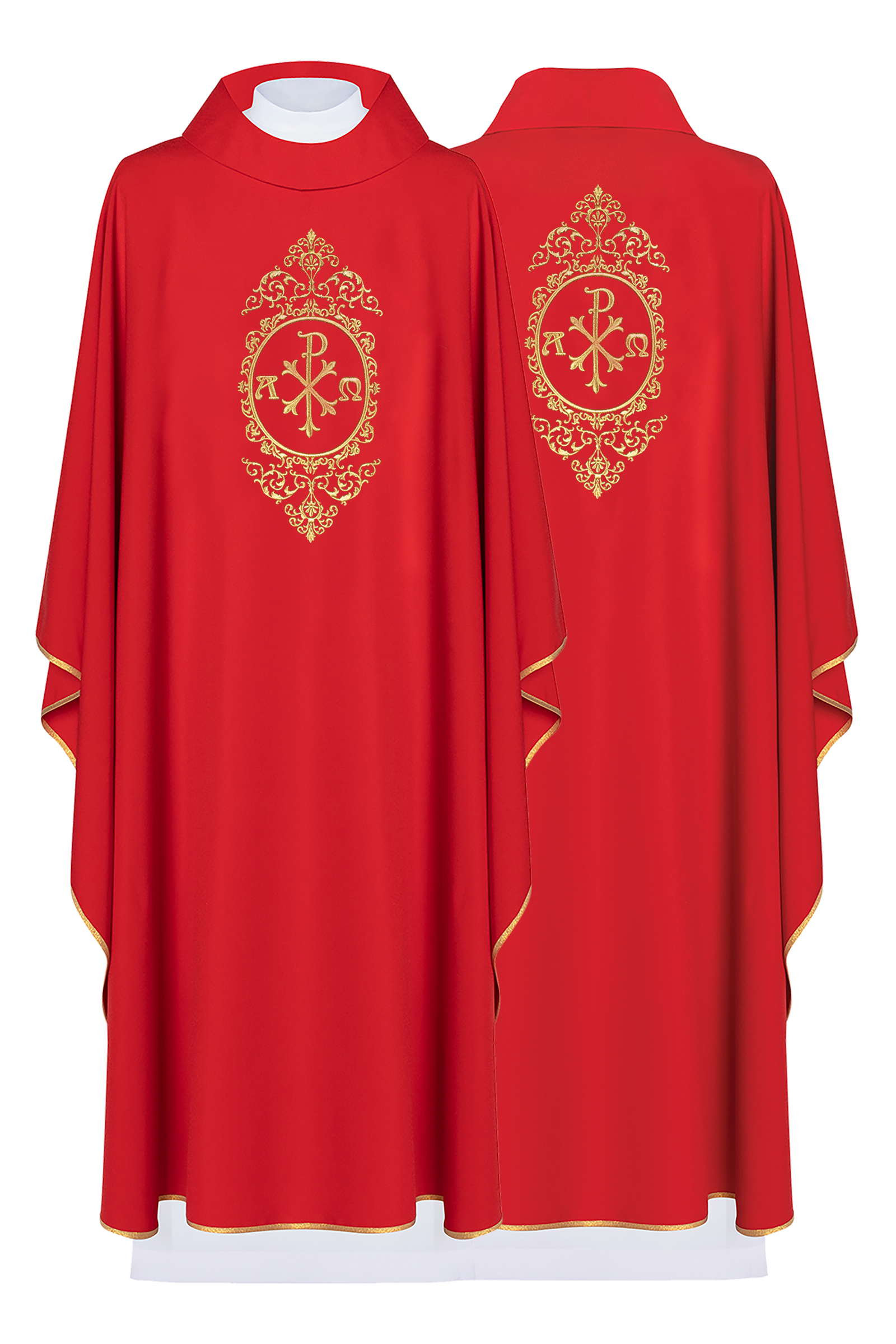 Chasuble rouge avec PAX entouré de broderies dorées