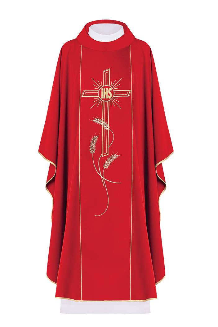 Chasuble rouge avec une large croix IHS brodée de bandes dorées