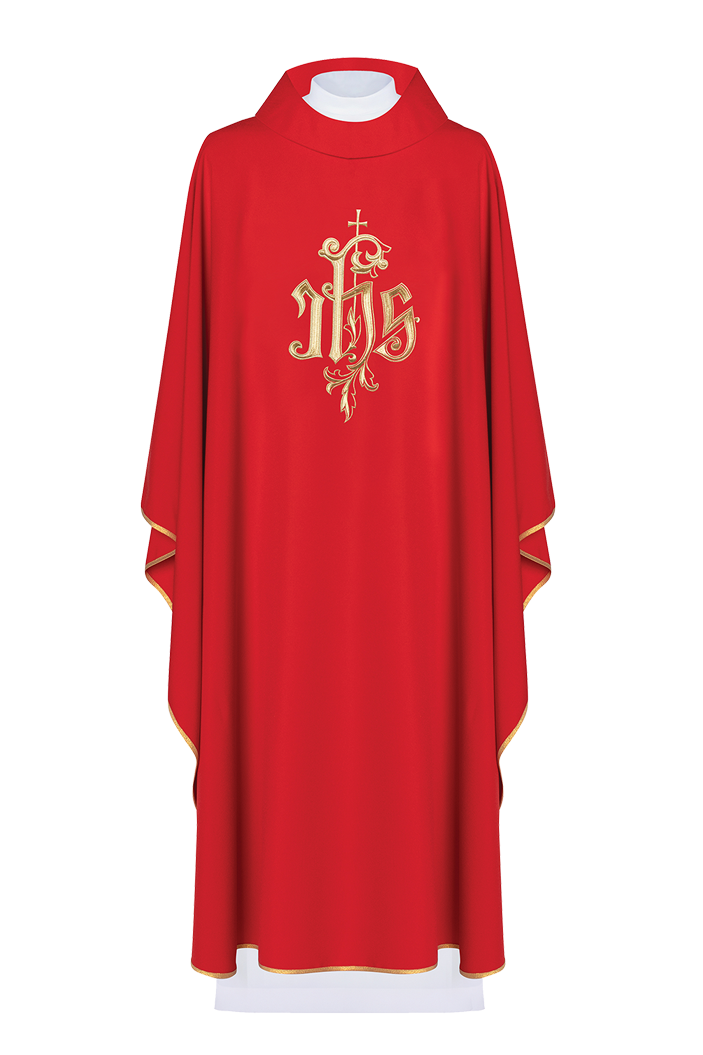 Chasuble rouge avec broderie IHS dorée