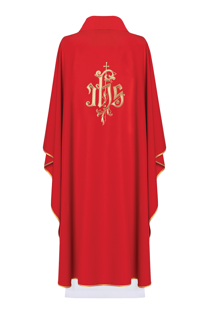 Chasuble rouge avec broderie IHS dorée