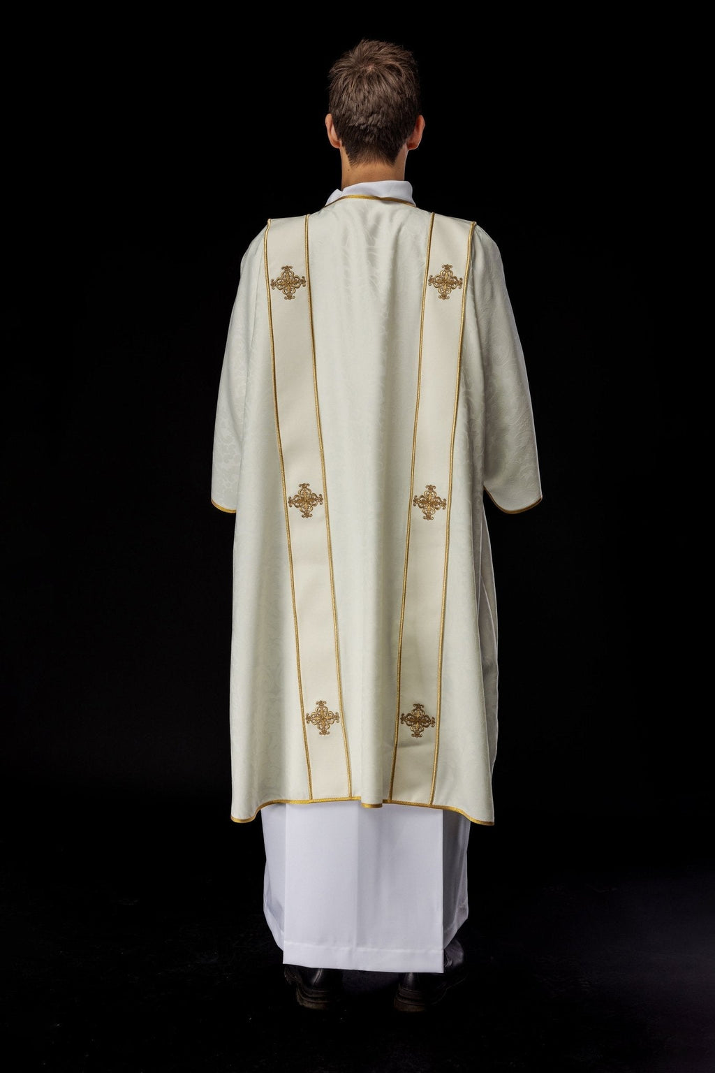 Dalmatien à rayures et croix dorées brodées sur jacquard écru KDL/284/05/81/B - CHASUBLES.FR