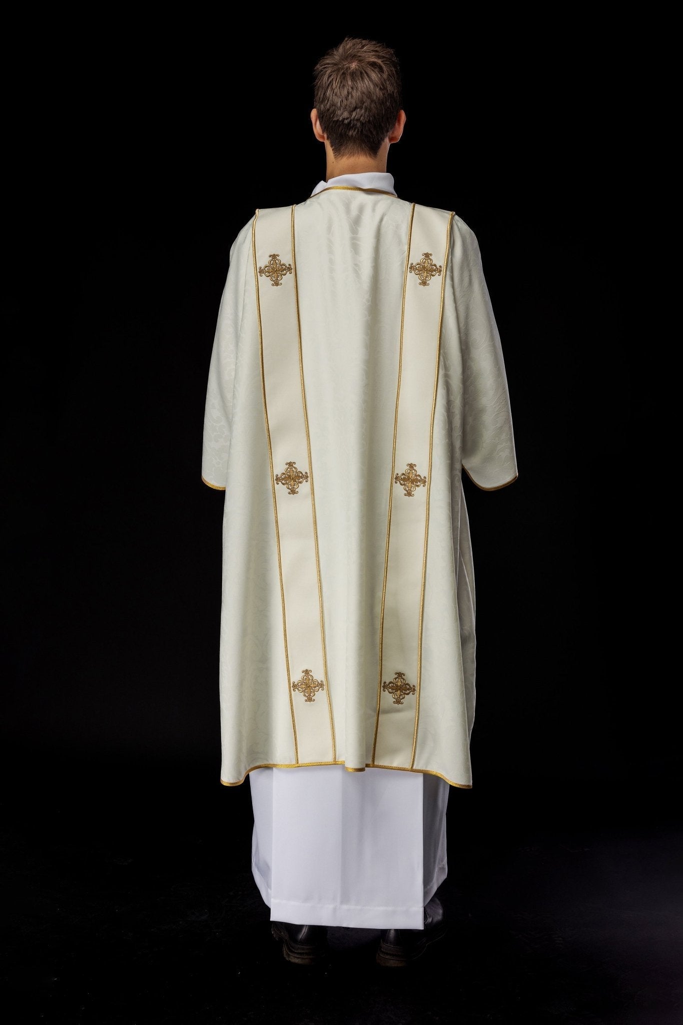 Dalmatien à rayures et croix dorées brodées sur jacquard écru KDL/284/05/81/B - CHASUBLES.FR