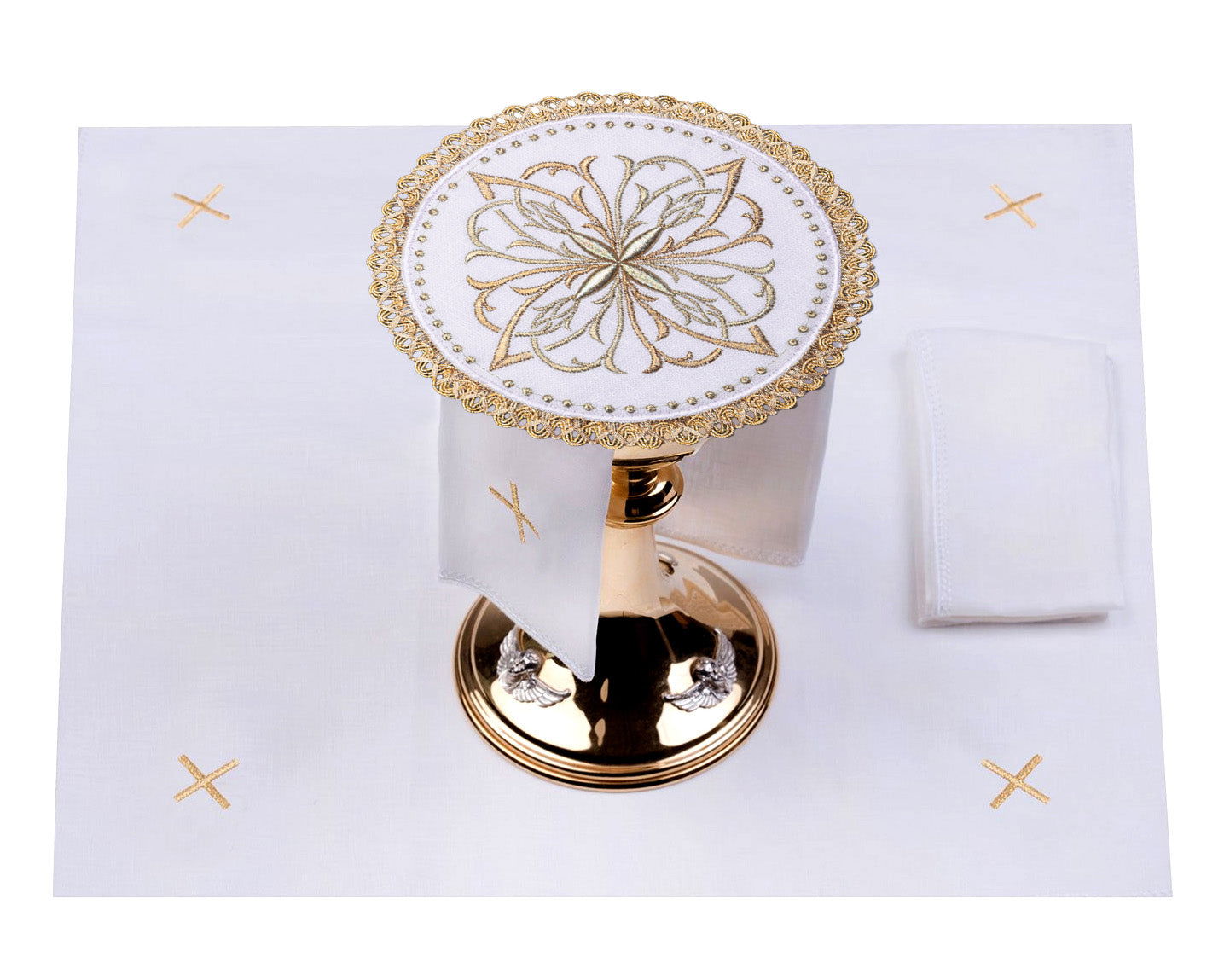Ensemble de bonnets en lin avec motif floral croisé doré sur le bout rond S - 5029 - C4 - CHASUBLES.FR