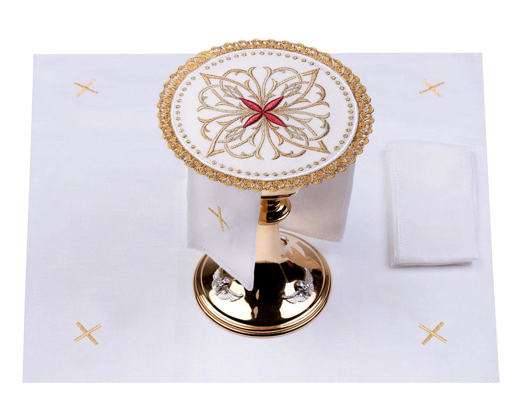 Ensemble de bonnets en lin avec motif floral rouge en forme de croix sur le bout rond S - 5029 - C2 - CHASUBLES.FR