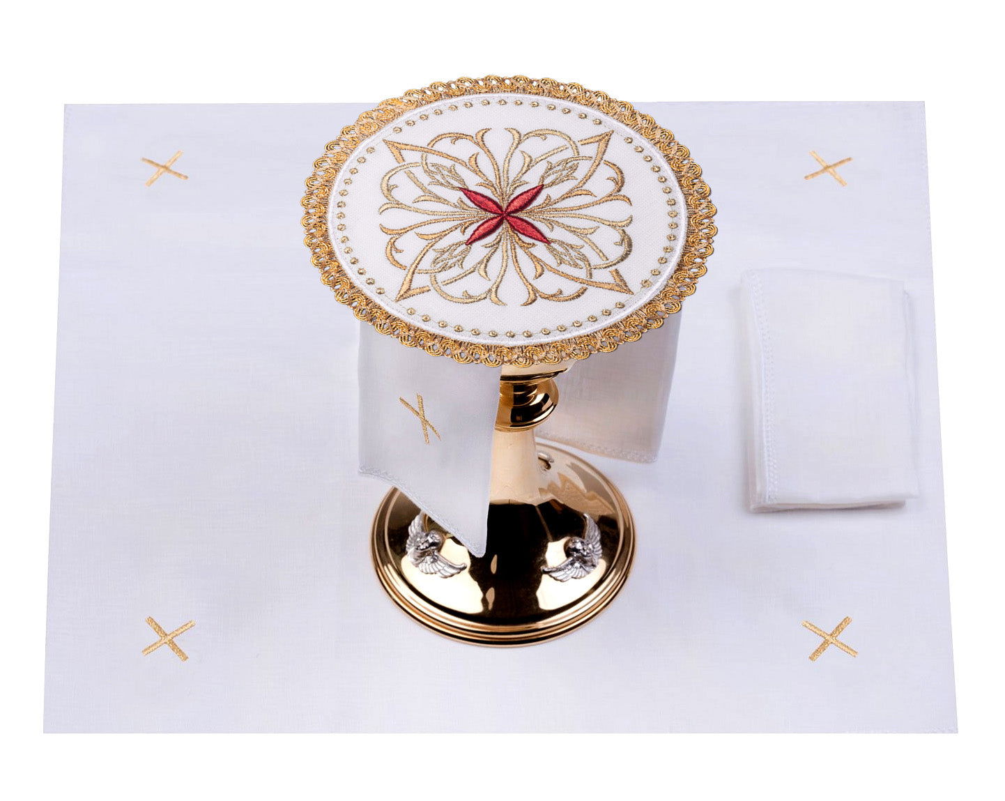 Ensemble de bonnets en lin avec motif floral rouge en forme de croix sur le bout rond S - 5029 - C2 - CHASUBLES.FR