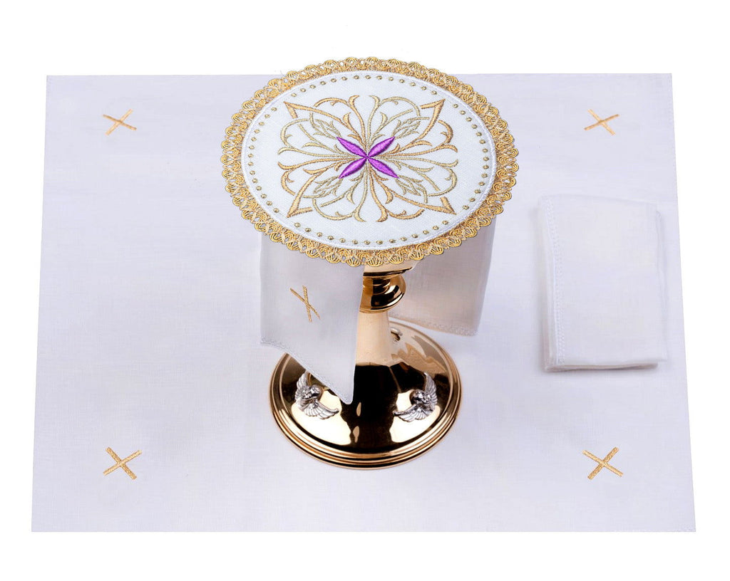 Ensemble de bonnets en lin avec motif floral violet en forme de croix sur le bout rond S - 5029 - C3 - CHASUBLES.FR