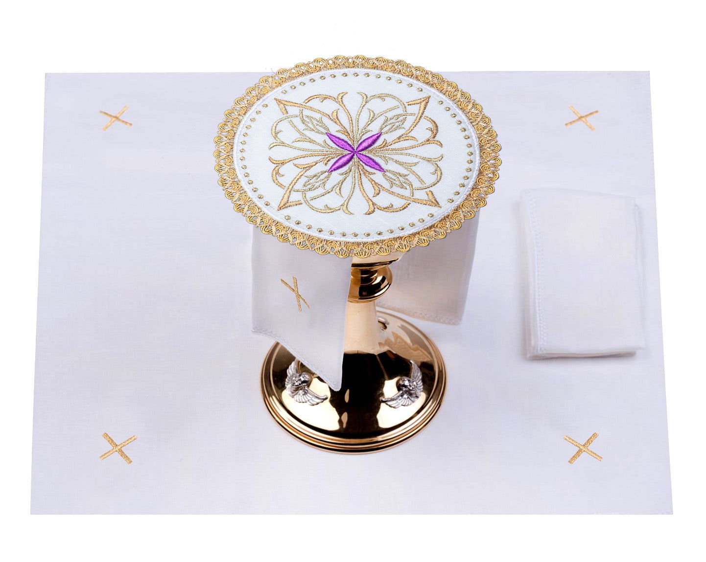 Ensemble de bonnets en lin avec motif floral violet en forme de croix sur le bout rond S - 5029 - C3 - CHASUBLES.FR