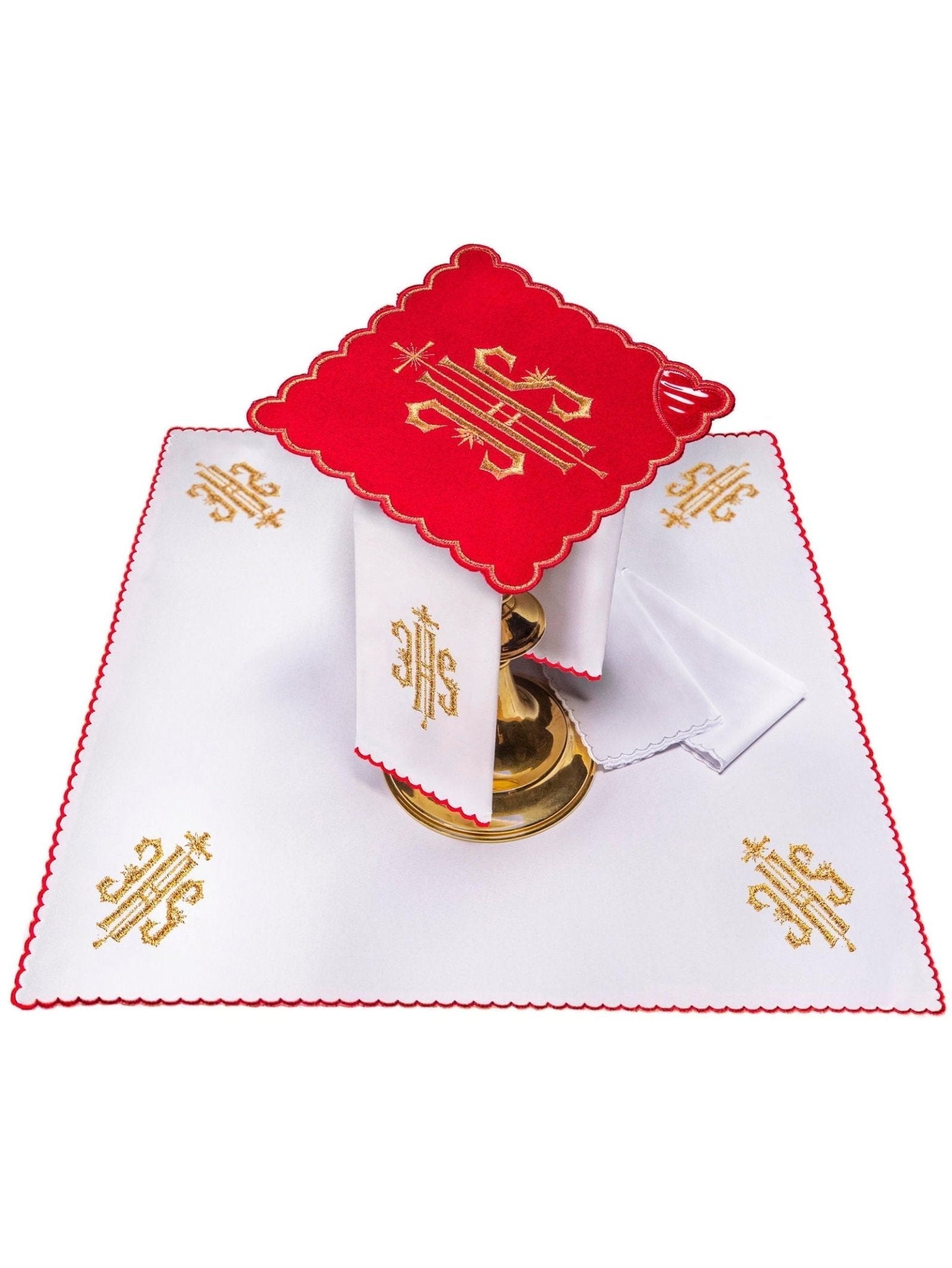 Ensemble de Linge d'autel brodé avec le motif IHS en rouge KK/029/02 - CHASUBLES.FR