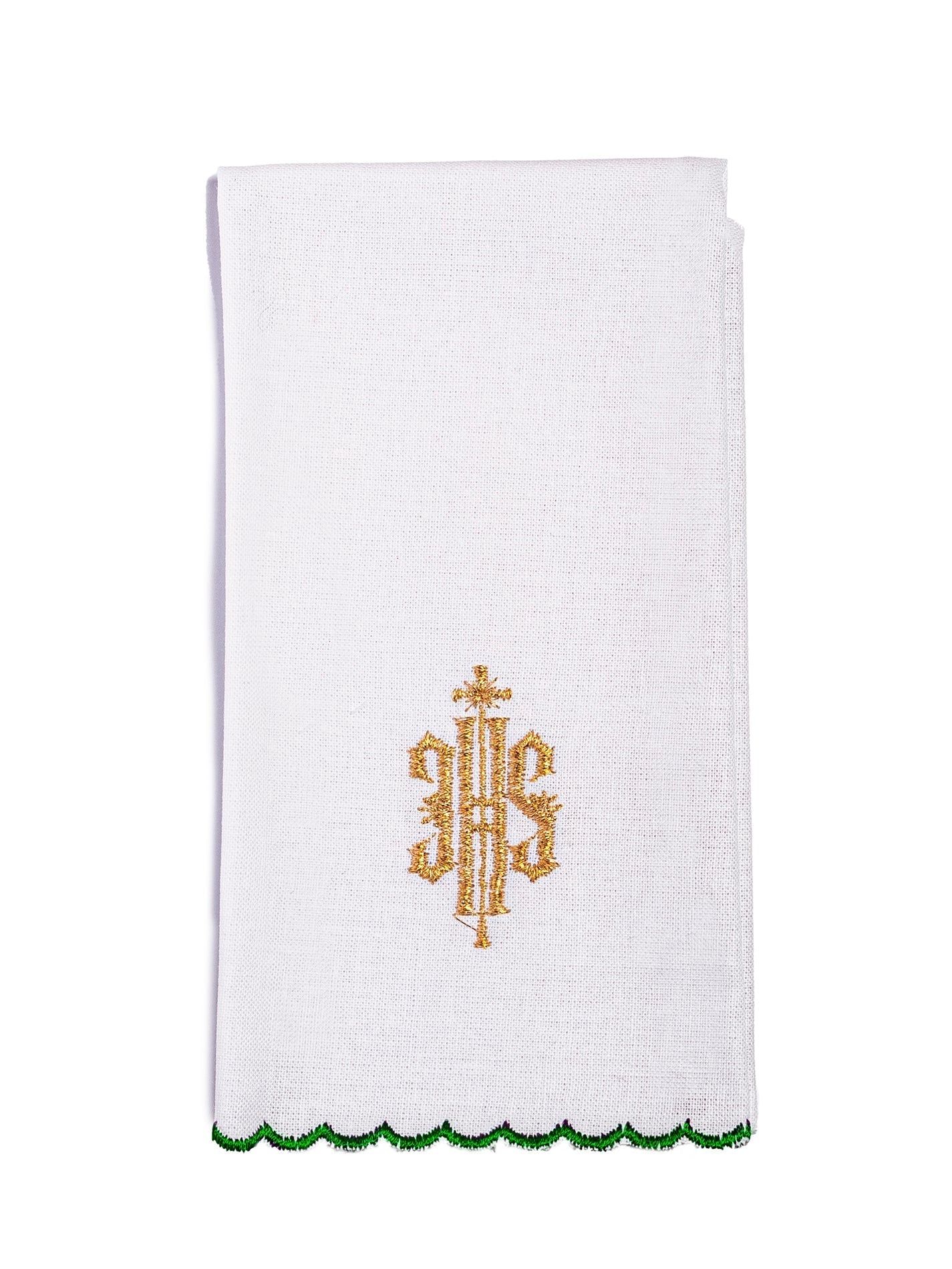 Ensemble de Linge d'autel brodé avec le motif IHS en vert KK/029/01 - CHASUBLES.FR