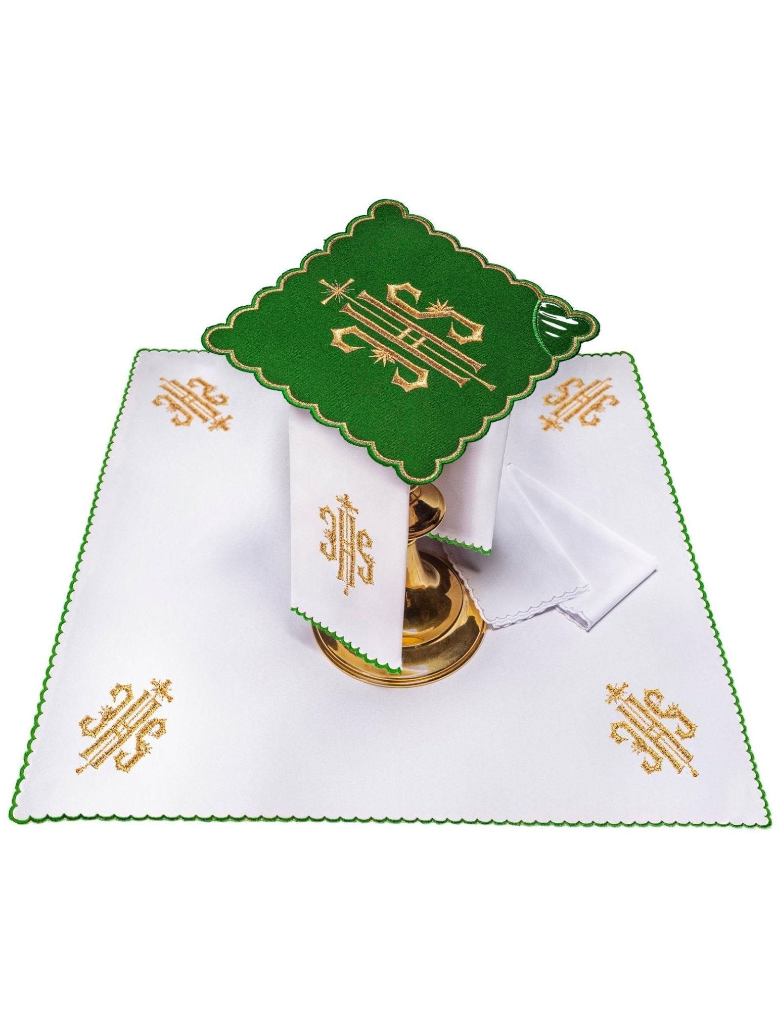 Ensemble de Linge d'autel brodé avec le motif IHS en vert KK/029/01 - CHASUBLES.FR
