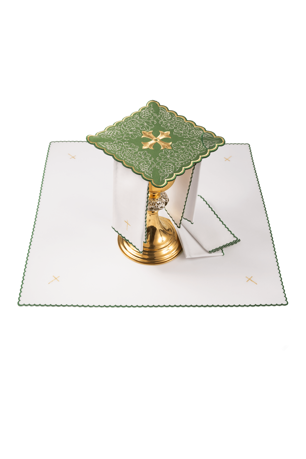 Ensemble de linge d’autel brodé avec motif de croix vert KDT/5028/01 ZIELONY - CHASUBLES.FR