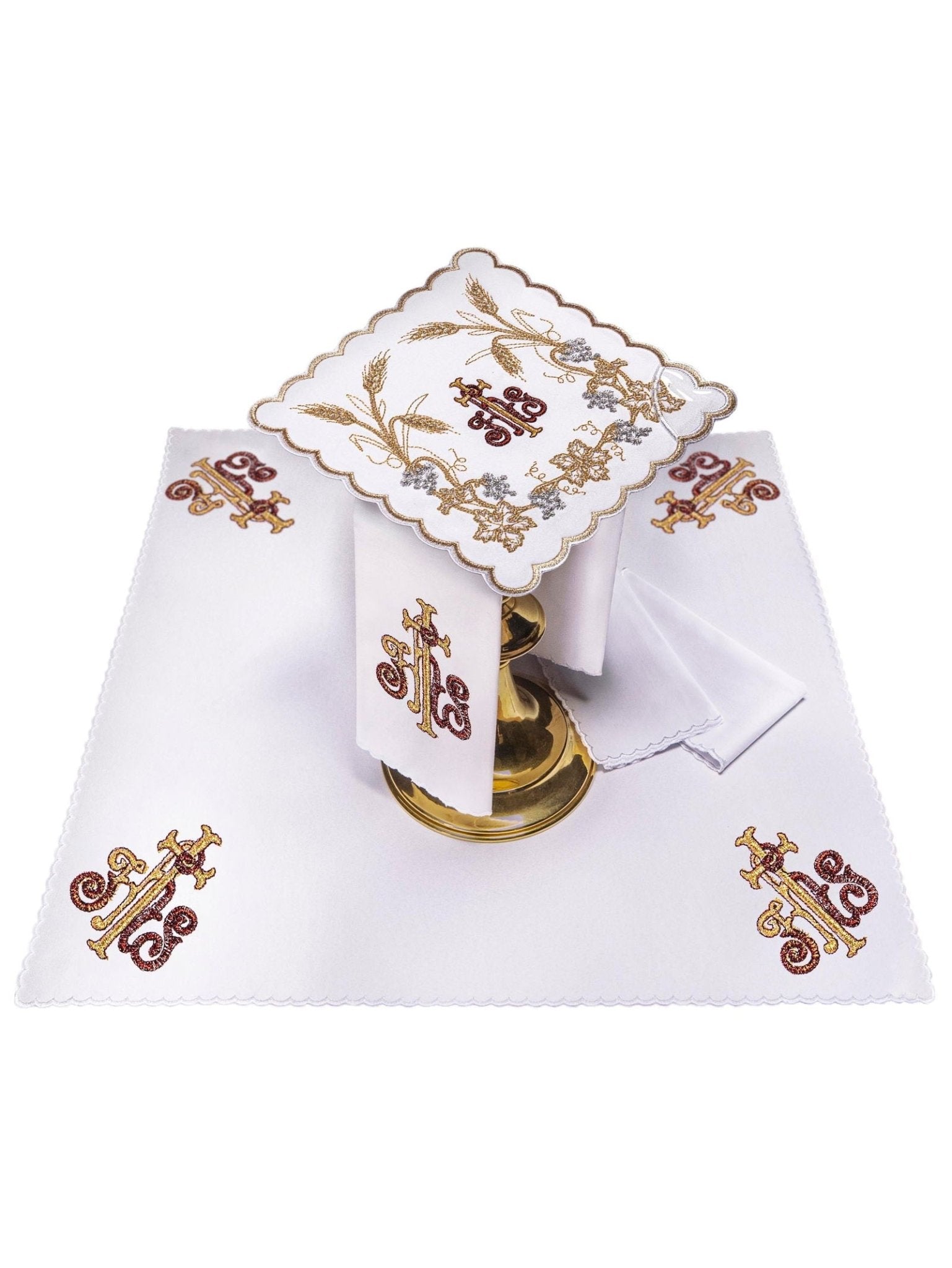 Ensemble de Linge d'autel richement décoré avec une broderie IHS et des épis KK/040 - CHASUBLES.FR