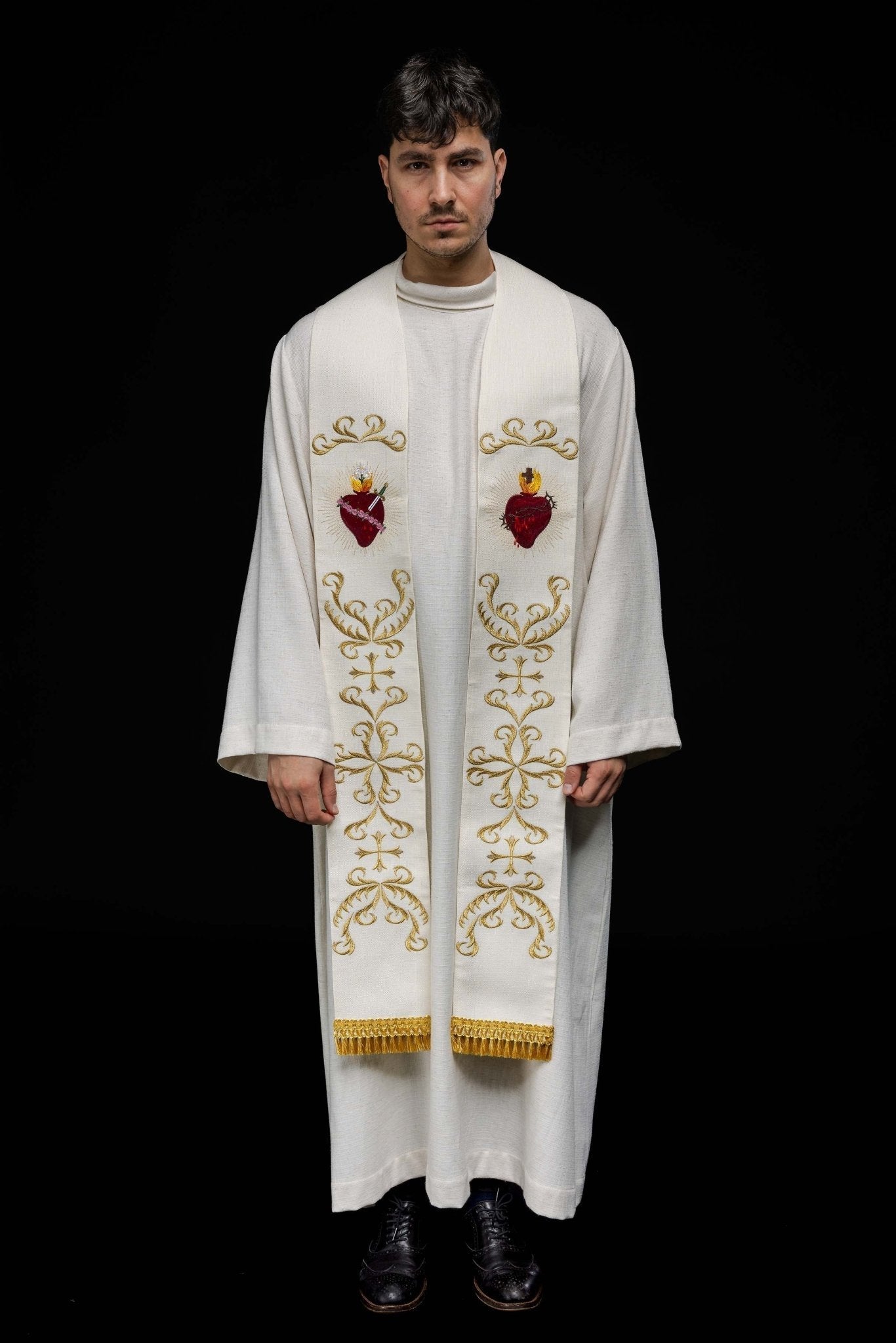 Étole brodée avec le cœur de Jésus et de Marie Écru KST/125/05/52 - CHASUBLES.FR